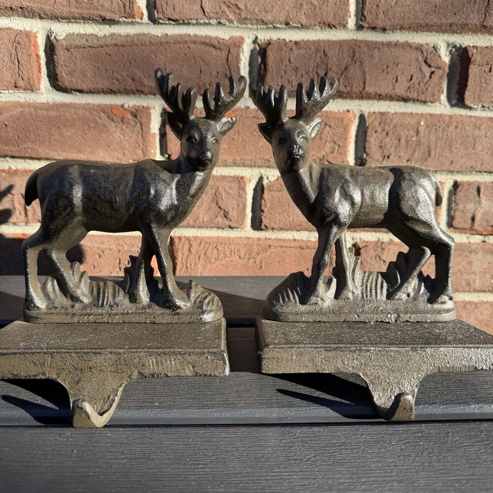 Deer Reindeer Cast Iron Stocking Holder Pair Rustic Christmas Mantel Decor Heavy
